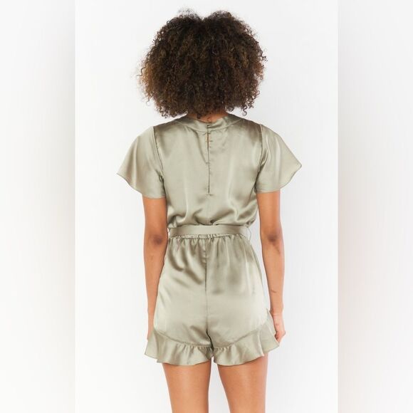 NWT Show Me Your Mumu - Say I Do Romper Moss Green Size MEDIUM Satin Faux Wrap - Picture 3 of 11